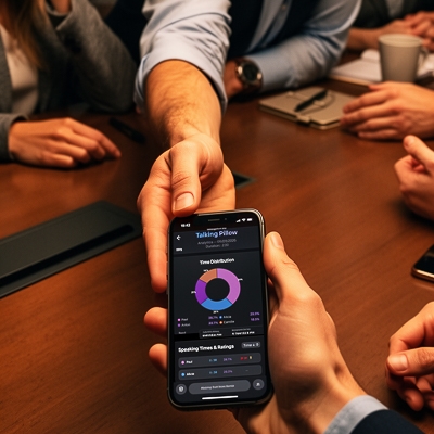 Professional handing smartphone with Talking Pillow app to colleague in meeting - modern digital talking stick