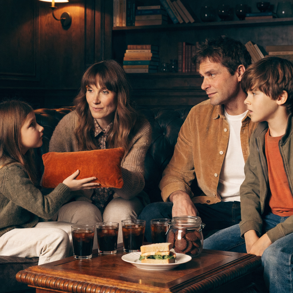 Family scene - mother handing a velvet cushion to child across coffee table - the talking pillow tradition